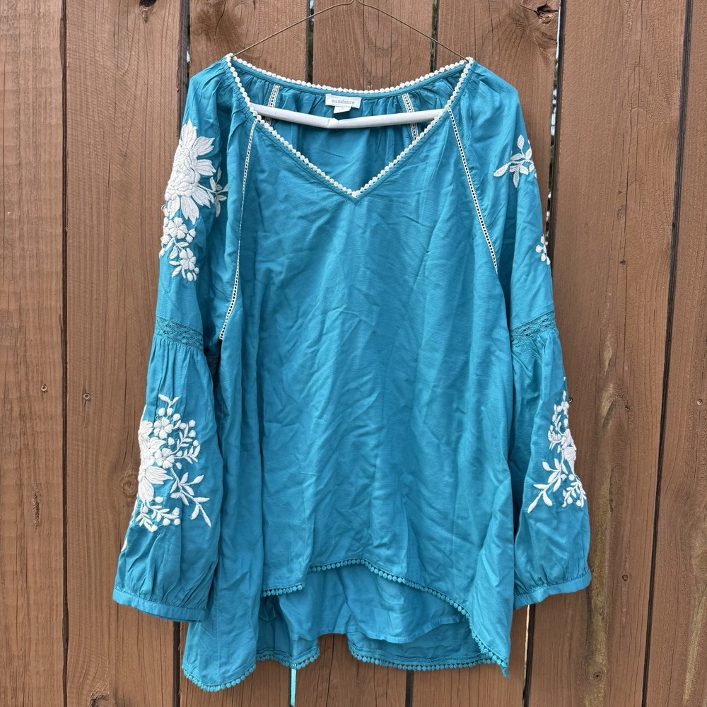 Sundance Naomi Isles Embroidered Floral Top V-Neck Modal Boho Teal Medium SEE